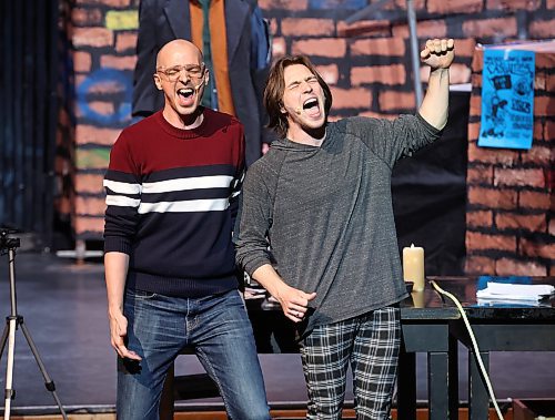 Mitchell Wedgewood and Tyson Dornn sing during a dress rehearsal for Mecca Productions' presentation of "Rent" at the Western Manitoba Centennial Auditorium on Tuesday evening. The musical opens tonight at the WMCA and runs through Saturday. (Tim Smith/The Brandon Sun)