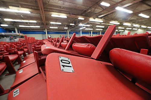 Hundreds of arena chairs that have been removed from Westoba Place lie on a cement floor inside the Keystone Centre. The chairs, which generally come in blocks of five, are available to the public as part of the facility's newly introduced Walk-In Wednesdays. Every Wednesday until the end of July or while quantities last, those interested can stop by and purchase seats between 1 p.m. and 6 p.m. Seats are sold at $1 per seat, cash only. (Matt Goerzen/The Brandon Sun)