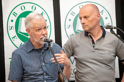 BROOK JONES / FREE PRESS
Free Press faith reporter John Longhurst launches his book Can Robots Love God and Be Saved? A Journalist Reports on Faith published by CMU Press. The event at McNally Robinson in Winnipeg, Man., Wednesday, June 12, 2024 was hosted by Rev. Michael Wilson of Charleswood United Church and featured guests Free Press Editor Paul Samyn, and Christine Baronins, who is the director of public affairs with the Church of Jesus Christ of Latter-day Saints in Manitoba and a member of the Manitoba Multifaith Council executive. Pictured: Longhurst (left) talks about reporting on the faith community for the Free Press as Samyn listens.