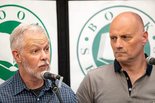 BROOK JONES / FREE PRESS
Free Press faith reporter John Longhurst launches his book Can Robots Love God and Be Saved? A Journalist Reports on Faith published by CMU Press. The event at McNally Robinson in Winnipeg, Man., Wednesday, June 12, 2024 was hosted by Rev. Michael Wilson of Charleswood United Church and featured guests Free Press Editor Paul Samyn, and Christine Baronins, who is the director of public affairs with the Church of Jesus Christ of Latter-day Saints in Manitoba and a member of the Manitoba Multifaith Council executive. Pictured: Longhurst (left) talks about reporting on the faith community for the Free Press as Samyn listens.