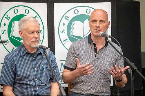 BROOK JONES / FREE PRESS
Free Press faith reporter John Longhurst launches his book Can Robots Love God and Be Saved? A Journalist Reports on Faith published by CMU Press. The event at McNally Robinson in Winnipeg, Man., Wednesday, June 12, 2024 was hosted by Rev. Michael Wilson of Charleswood United Church and featured guests Free Press Editor Paul Samyn, and Christine Baronins, who is the director of public affairs with the Church of Jesus Christ of Latter-day Saints in Manitoba and a member of the Manitoba Multifaith Council executive. Pictured: Samyn (right) talks about the Free Press faith page and how the local newspaper covers the larger faith community as Longhurst listens.