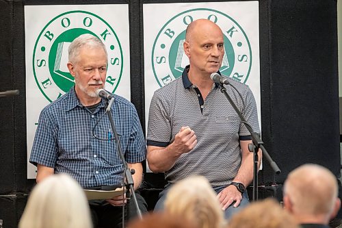 BROOK JONES / FREE PRESS
Free Press faith reporter John Longhurst launches his book Can Robots Love God and Be Saved? A Journalist Reports on Faith published by CMU Press. The event at McNally Robinson in Winnipeg, Man., Wednesday, June 12, 2024 was hosted by Rev. Michael Wilson of Charleswood United Church and featured guests Free Press Editor Paul Samyn, and Christine Baronins, who is the director of public affairs with the Church of Jesus Christ of Latter-day Saints in Manitoba and a member of the Manitoba Multifaith Council executive. Pictured: Samyn (right) talks about the Free Press faith page and how the local newspaper covers the larger faith community as Longhurst listens.