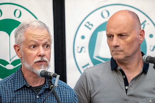 BROOK JONES / FREE PRESS
Free Press faith reporter John Longhurst launches his book Can Robots Love God and Be Saved? A Journalist Reports on Faith published by CMU Press. The event at McNally Robinson in Winnipeg, Man., Wednesday, June 12, 2024 was hosted by Rev. Michael Wilson of Charleswood United Church and featured guests Free Press Editor Paul Samyn, and Christine Baronins, who is the director of public affairs with the Church of Jesus Christ of Latter-day Saints in Manitoba and a member of the Manitoba Multifaith Council executive. Pictured: Longhurst (left) talks about reporting on the faith community for the Free Press as Samyn looks on.