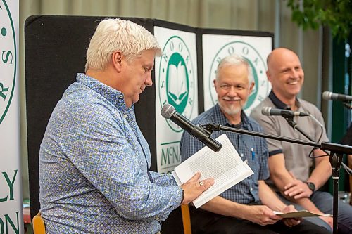 BROOK JONES / FREE PRESS
Free Press faith reporter John Longhurst launches his book Can Robots Love God and Be Saved? A Journalist Reports on Faith published by CMU Press. The event at McNally Robinson in Winnipeg, Man., Wednesday, June 12, 2024 was hosted by Rev. Michael Wilson of Charleswood United Church and featured guests Free Press Editor Paul Samyn, and Christine Baronins, who is the director of public affairs with the Church of Jesus Christ of Latter-day Saints in Manitoba and a member of the Manitoba Multifaith Council executive. Pictured from left: Wilson (left) reads from Longhurst's book as Longhurst (middle) and Samyn (right) listen.