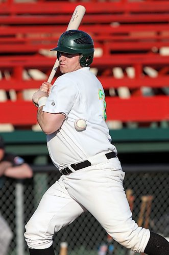 Bryan Swaenepoel of the Brandon Cloverleafs gets hit by a pitch during the 2008 Manitoba Senior Baseball League home opener against the Brandon Ora Dental Marlins at Andrews Field in Brandon.  (Tim Smith/Brandon Sun)