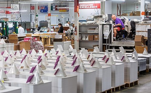 MIKE DEAL / FREE PRESS
Employees at Duha Group on the plant floor. The fourth-generation family business makes colour swatches and other colour marketing tools located at 750 Bradford Street.
See Aaron App story
240613 - Thursday, June 13, 2024.