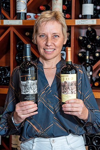 NIC ADAM / FREE PRESS
Karen Cornejo, Owner of The Winehouse, poses for a photo with her new Chilean wines named after her late husband, Tico.
240613 - Thursday, June 13, 2024.

Reporter: Ben Sigurdson
