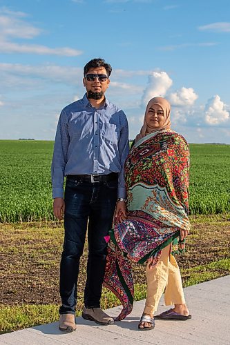 BROOK JONES / FREE PRESS
Danish Habib (left) and his wife Urooj Danish who are both Muslim are pictured walking around their neighbourhood in La Salle, Man., Thursday, June 13, 2024. The couple participated in a Hajj pilgrimage to Makkah, Saudi Arabia in 2017.