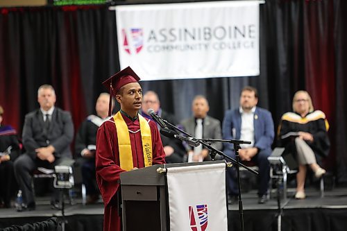 Valedictorian Carlos Jose Dominguez Pallares, a graduate of the college’s human resource management advanced diploma program, speaks during the Friday afternoon convocation ceremony. (Abiola Odutola/The Brandon Sun)