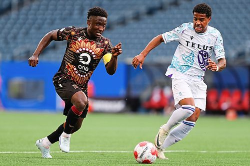 Daniel Crump / Winnipeg Free Press. Valour&#x573; Raphael Ohin (27) races for the ball. Valour FC take on Pacific FC in the last of a three game homestead at Winnipeg Stadium Friday night. June 14, 2024.