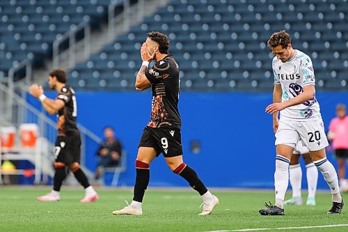 Daniel Crump / Winnipeg Free Press. Valour&#x573; Jordan Swibel (9) reacts after his team missed a late chance to equalize. Valour FC take on Pacific FC in the last of a three game homestead at Winnipeg Stadium Friday night. June 14, 2024.