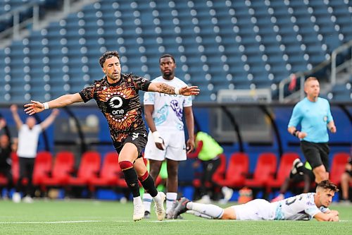 Daniel Crump / Winnipeg Free Press. Valour&#x573; Jordan Swibel (9) celebrates a goal in the second half. Valour FC take on Pacific FC in the last of a three game homestead at Winnipeg Stadium Friday night. June 14, 2024.