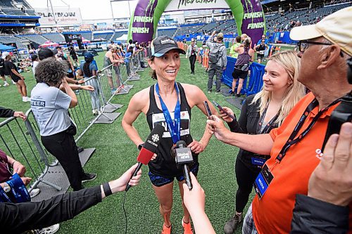 Mike Sudoma/Free Press
Runner Dawn Neal answers media questions after her first place finish in the women&#x2019;s full marathon at the 46th annual Manitoba Marathon Sunday morning
June 15, 2024
