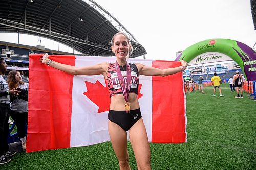 Mike Sudoma/Free Press
Runner Natasha Wodak finishes first in the female half marathon at the 46th annual Manitoba Marathon Sunday morning
June 15, 2024
