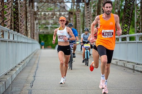 BROOK JONES / FREE PRESS
Malindi Elmore crosses the BDI bridge in the Half Marathon National Championships at the 46th annual Manitoba Marathon in Winnipeg, Man., Sunday, June 16, 2024. Elmore went on to place second in the female category.