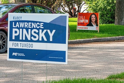 NIC ADAM / FREE PRESS
With a provincial byelection in Tuxedo just days away and Premier Wab Kinew still riding a wave of popularity, support for the NDP has increased in Winnipeg, where nearly six in 10 prefer the New Democrats, up slightly from March, a new Probe poll shows. 
Elections signs along Grenfell Blvd. In Tuxedo Thursday afternoon.
240613 - Thursday, June 13, 2024.

Reporter: ?
