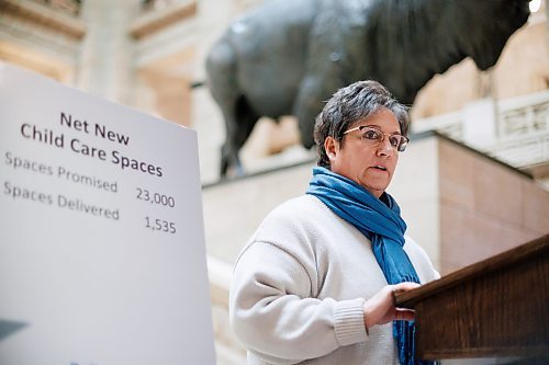 MIKE DEAL / WINNIPEG FREE PRESS
Lynda Raible, board president of the Manitoba Child Care Association, speaks during the press conference.
In a joint media conference at the base of the grand staircase in the Manitoba Legislative Building, organized by Child Care Now on the National Day of Action on Child Care, the Child Care Coalition of Manitoba and Manitoba Child Care Coalition are calling on the new government to reaffirm the commitment to facility expansion and training, retaining and paying child care workers with a fair wage.
See Carol Sanders story
231130 - Thursday, November 30, 2023.