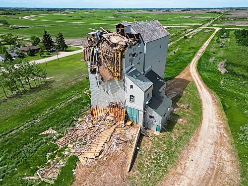 Debris is strewn around the Sinclair grain elevator in southwestern Manitoba on Monday after it was heavily damaged during storms over the weekend. (Tim Smith/The Brandon Sun)