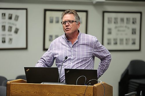 Brandon's general manager of development services Mark Allard provides an update on the southwest lift station project to Brandon City Council on Monday. (Colin Slark/The Brandon Sun)