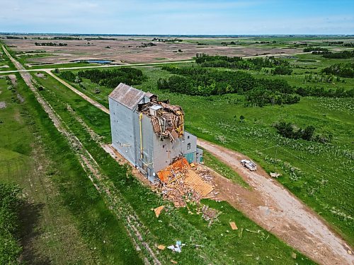 17062024
Debris is strewn around the Sinclair grain elevator in southwestern Manitoba on Monday after it was heavily damaged during storms over the weekend. 
(Tim Smith/The Brandon Sun)