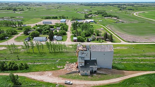 17062024
Debris is strewn around the Sinclair grain elevator in southwestern Manitoba on Monday after it was heavily damaged during storms over the weekend. 
(Tim Smith/The Brandon Sun)