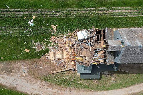 17062024
Debris is strewn around the Sinclair grain elevator in southwestern Manitoba on Monday after it was heavily damaged during storms over the weekend. 
(Tim Smith/The Brandon Sun)