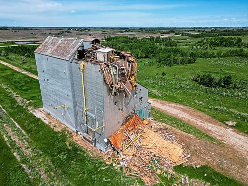 17062024
Debris is strewn around the Sinclair grain elevator in southwestern Manitoba on Monday after it was heavily damaged during storms over the weekend. 
(Tim Smith/The Brandon Sun)