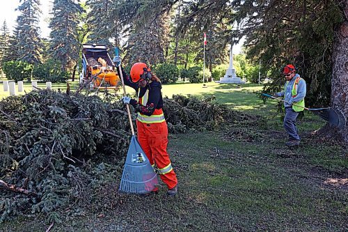 17062024
City of Brandon workers clean up a large tree that fell in the Brandon Cemetery during the high winds and storms that rolled through southwestern Manitoba throughout the weekend. 
(Tim Smith/The Brandon Sun)