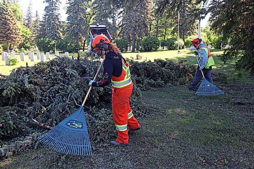 17062024
City of Brandon workers clean up a large tree that fell in the Brandon Cemetery during the high winds and storms that rolled through southwestern Manitoba throughout the weekend. 
(Tim Smith/The Brandon Sun)