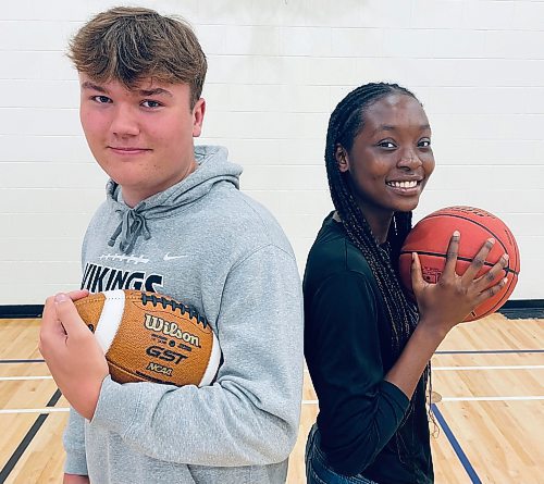 Vincent Massey Vikings Scott Sherb and Chelsea Nnamani received word they were named 2023-24 athletes of the year (AOY) via a TEAMS text. Nnamani received a text from a friend after Sherb told that friend to let Nnamani know as she was not monitoring her cell phone at the time to see the congratulatory message. (Jules Xavier/The Brandon Sun)