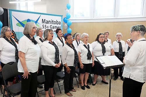 Members of the Women in Harmony choir sing during the opening ceremony for the 2024 Manitoba 55+ Games at the Dome Building on Tuesday morning. (Photos by Tim Smith/The Brandon Sun)