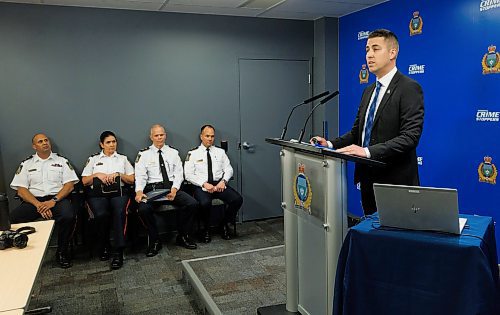 MIKE DEAL / FREE PRESS
Winnipeg Police Service Superintendents (from left): Dave Dalal, Uniform Operations, Chody Sutherland, Support Services, Cam Mackid, Investigations, and Brian Miln, Operational Support, listen to Data analyst, David Bowman, hold a technical briefing at Police HQ with regards to the newly released 2023 Statistical Report Tuesday morning.
240618 - Tuesday, June 18, 2024.