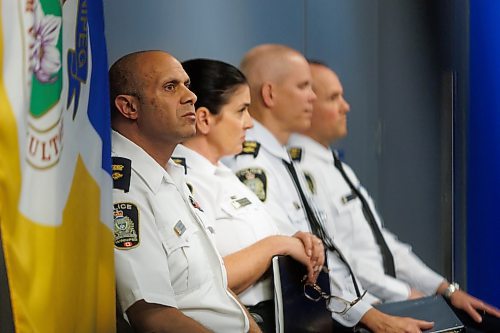 MIKE DEAL / FREE PRESS
Winnipeg Police Service Superintendents (from left): Dave Dalal, Uniform Operations, Chody Sutherland, Support Services, Cam Mackid, Investigations, and Brian Miln, Operational Support, listen to Data analyst, David Bowman, hold a technical briefing at Police HQ with regards to the newly released 2023 Statistical Report Tuesday morning.
240618 - Tuesday, June 18, 2024.