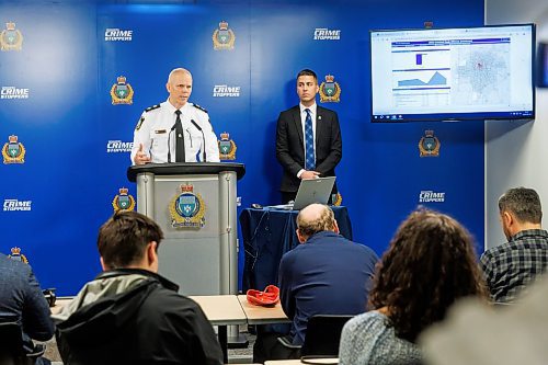 MIKE DEAL / FREE PRESS
Winnipeg Police Service Superintendents Cam Mackid, Investigations, answers questions during a technical briefing at Police HQ with regards to the newly released 2023 Statistical Report Tuesday morning.
240618 - Tuesday, June 18, 2024.