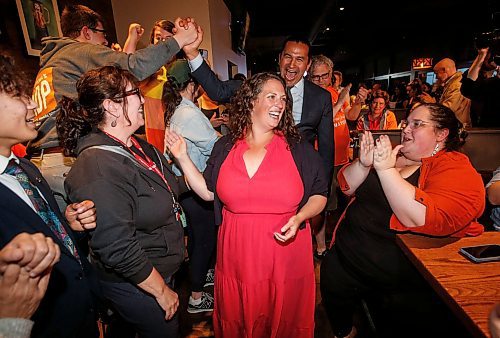 JOHN WOODS / FREE PRESS
Carla Compton and premier Wab Kinew celebrate Compton&#x2019;s win in Tuxedo&#x2019;s by-election at a local restaurant in Winnipeg Tuesday, June 18, 2024.

Reporter: nicole