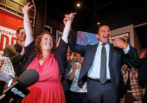 Carla Compton and premier Wab Kinew celebrate Compton&#x2019;s win in Tuxedo&#x2019;s by-election at a local restaurant in Winnipeg Tuesday, June 18, 2024. (John Woods/Winnipeg Free Press)

Reporter: nicole