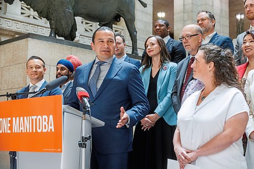 MIKE DEAL / FREE PRESS
Premier Wab Kinew and members of the NDP caucus welcomed MLA-elect (Tuxedo), Carla Compton, at the base of the grand staircase in the Manitoba Legislative Building Wednesday afternoon.
240619 - Wednesday, June 19, 2024.