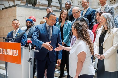 MIKE DEAL / FREE PRESS
Premier Wab Kinew and members of the NDP caucus welcomed MLA-elect (Tuxedo), Carla Compton, at the base of the grand staircase in the Manitoba Legislative Building Wednesday afternoon.
240619 - Wednesday, June 19, 2024.