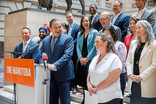 MIKE DEAL / FREE PRESS
Premier Wab Kinew and members of the NDP caucus welcomed MLA-elect (Tuxedo), Carla Compton, at the base of the grand staircase in the Manitoba Legislative Building Wednesday afternoon.
240619 - Wednesday, June 19, 2024.