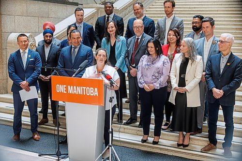 MIKE DEAL / FREE PRESS
Premier Wab Kinew and members of the NDP caucus welcomed MLA-elect (Tuxedo), Carla Compton, at the base of the grand staircase in the Manitoba Legislative Building Wednesday afternoon.
240619 - Wednesday, June 19, 2024.