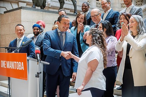 MIKE DEAL / FREE PRESS
Premier Wab Kinew and members of the NDP caucus welcomed MLA-elect (Tuxedo), Carla Compton, at the base of the grand staircase in the Manitoba Legislative Building Wednesday afternoon.
240619 - Wednesday, June 19, 2024.