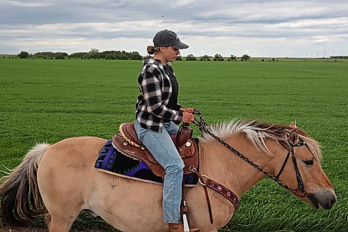 19062024
Signe Skaar, from Norway, rides a quarter horse through a pasture while out for a trail ride with visitors to Lucky Break Ranch southwest of Rivers, Manitoba on Wednesday afternoon. Skaar and friend Melanie Lund have been visiting the ranch and helping out for three weeks. (Tim Smith/The Brandon Sun)