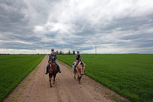 19062024
Melanie Lund and Signe Skaar, from Norway, ride horses through a pasture while out for a trail ride with visitors to Lucky Break Ranch southwest of Rivers, Manitoba on Wednesday afternoon. Lund and Skaar have been visiting the ranch and helping out for three weeks. (Tim Smith/The Brandon Sun)