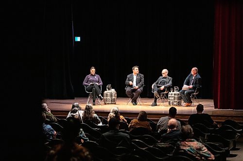 MIKAELA MACKENZIE / FREE PRESS

Head of Indigenous ways and learning at WAG-Qaumajuq Julia Lafreniere (left), Winnipeg Free Press columnist, renowned Indigenous writer, educator, and advocate Niigaan Sinclair, director and CEO of WAG-Qaumajuq Stephen Borys, and editor of the Winnipeg Free Press Paul Samyn discuss reconciliation during an event at WAG-Qaumajuq on Wednesday, June 19, 2024. 

For Ben Waldman story.

