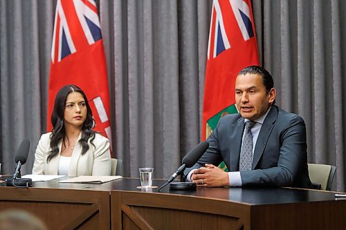 MIKE DEAL / FREE PRESS
Premier Wab Kinew and Amna Mackin, assistant deputy minister, Cabinet Delivery and Strategic Priorities, hold a press conference at the Manitoba Legislative Building Thursday afternoon to outline the timeline and the next steps in the search for the remains of murdered and missing women, Morgan Harris and Marcedes Myran, at the Prairie Green Landfill.
240620 - Thursday, June 20, 2024.