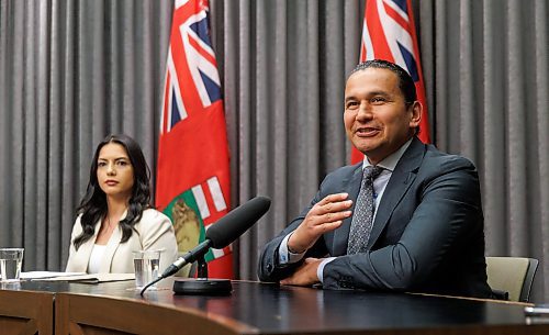 MIKE DEAL / FREE PRESS
Premier Wab Kinew and Amna Mackin, assistant deputy minister, Cabinet Delivery and Strategic Priorities, hold a press conference at the Manitoba Legislative Building Thursday afternoon to outline the timeline and the next steps in the search for the remains of murdered and missing women, Morgan Harris and Marcedes Myran, at the Prairie Green Landfill.
240620 - Thursday, June 20, 2024.