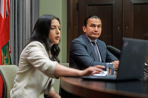 MIKE DEAL / FREE PRESS
Premier Wab Kinew and Amna Mackin, assistant deputy minister, Cabinet Delivery and Strategic Priorities, hold a press conference at the Manitoba Legislative Building Thursday afternoon to outline the timeline and the next steps in the search for the remains of murdered and missing women, Morgan Harris and Marcedes Myran, at the Prairie Green Landfill.
240620 - Thursday, June 20, 2024.