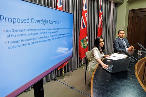 MIKE DEAL / FREE PRESS
Premier Wab Kinew and Amna Mackin, assistant deputy minister, Cabinet Delivery and Strategic Priorities, hold a press conference at the Manitoba Legislative Building Thursday afternoon to outline the timeline and the next steps in the search for the remains of murdered and missing women, Morgan Harris and Marcedes Myran, at the Prairie Green Landfill.
240620 - Thursday, June 20, 2024.