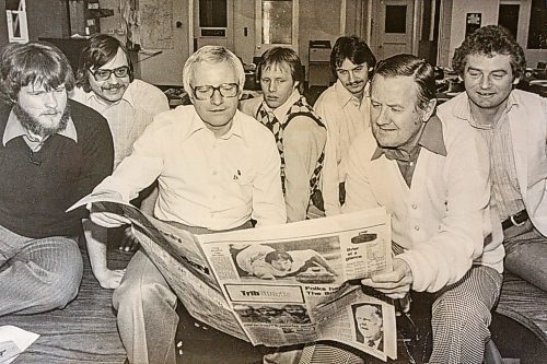 NIC ADAM / FREE PRESS
Ed Dearden (centre left) and the old Winnipeg Tribune sports staff.
240620 - Thursday, June 20, 2024.

Reporter: Kevin Rollason
