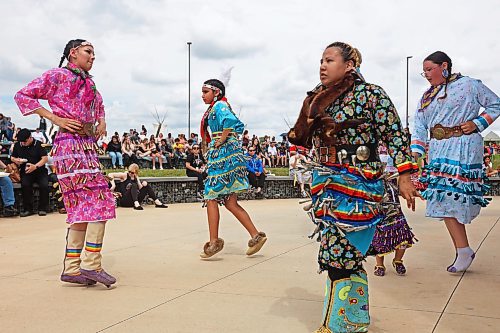 Young women perform a jingle dance as part of a powwow demonstration for visitors to National Indigenous Peoples Day 2024 celebrations at the Riverbank Discovery Centre on Friday. (Tim Smith/The Brandon Sun)